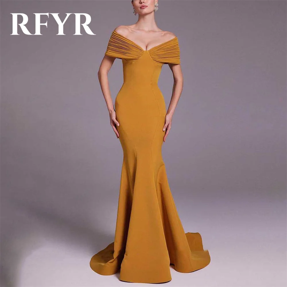 

RFYR Simple Yelllow Prom Dresses Off The Shoulder V-Neck Satin Evening Dress Trumpet Party Dress with Pleats Satin فساتين سهرة