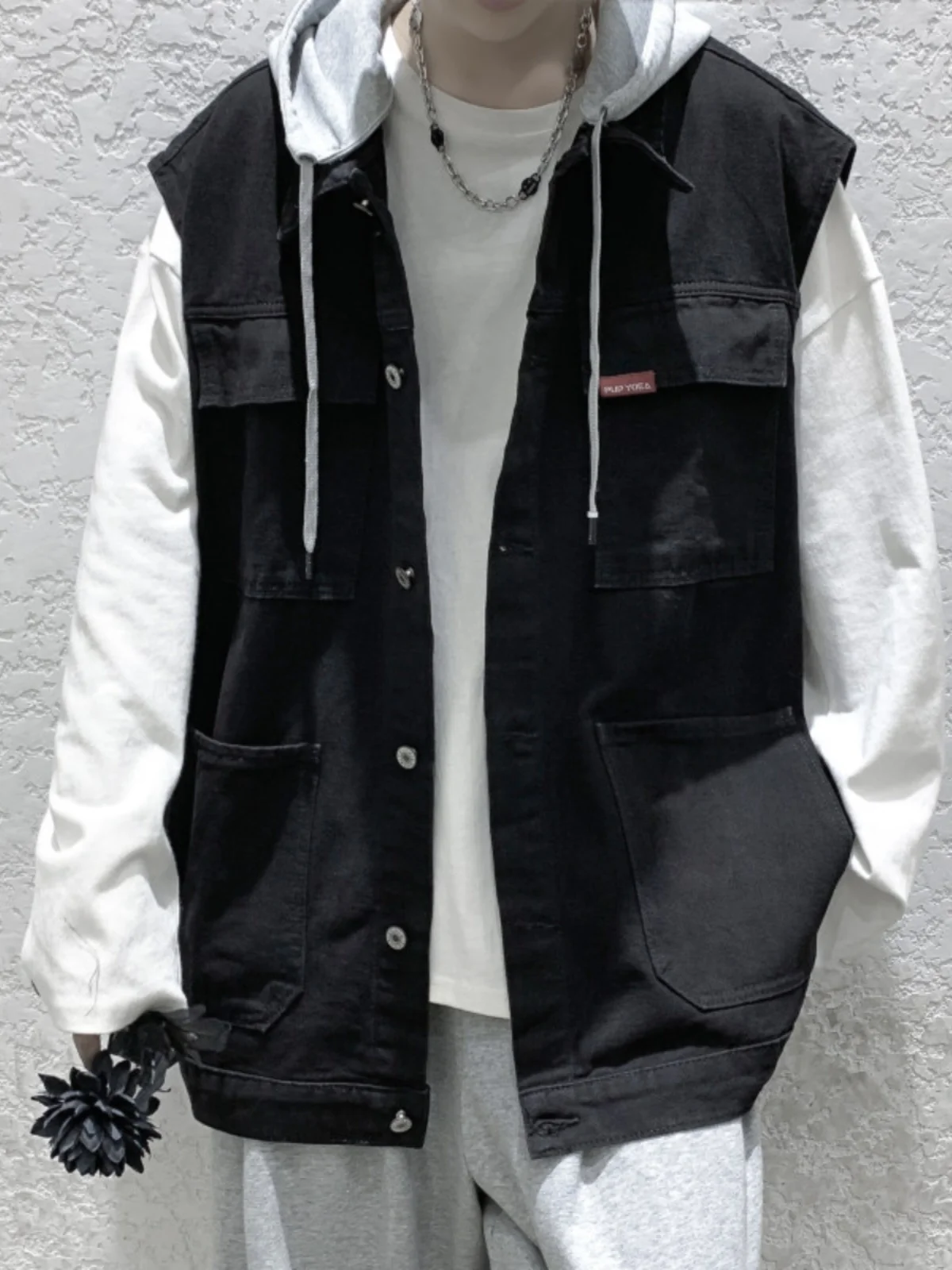 

Retro American Sle Men's Denim Jaet High Street Trend Ins Hooded Vest Autumn Winter Outerwear oulder Pad Vest