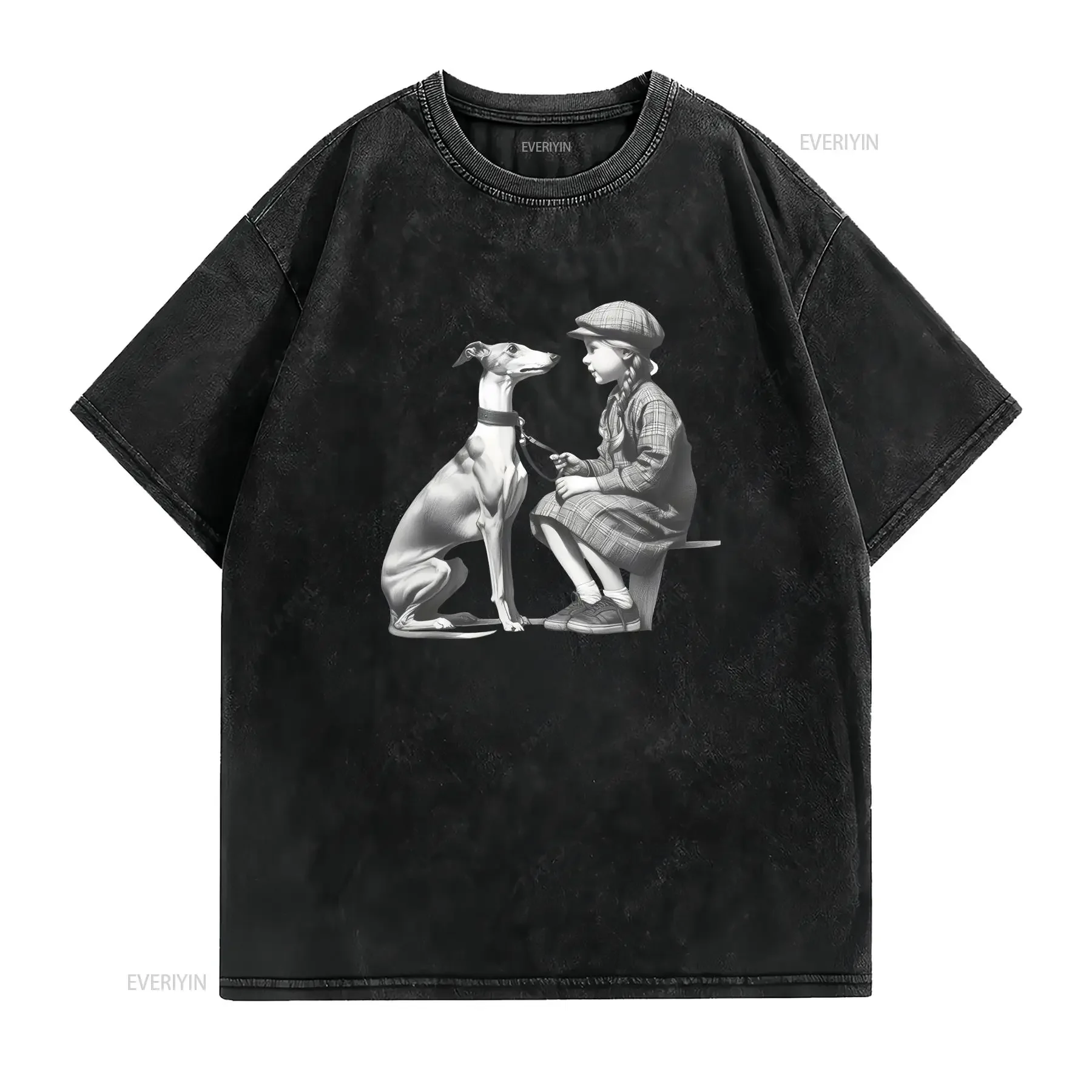 Whippet and Girl Pencil Drawing T Shirt Artistic Dog Child Pet Lover Apparel Birthday  vintage Washed Comfortable Stretched