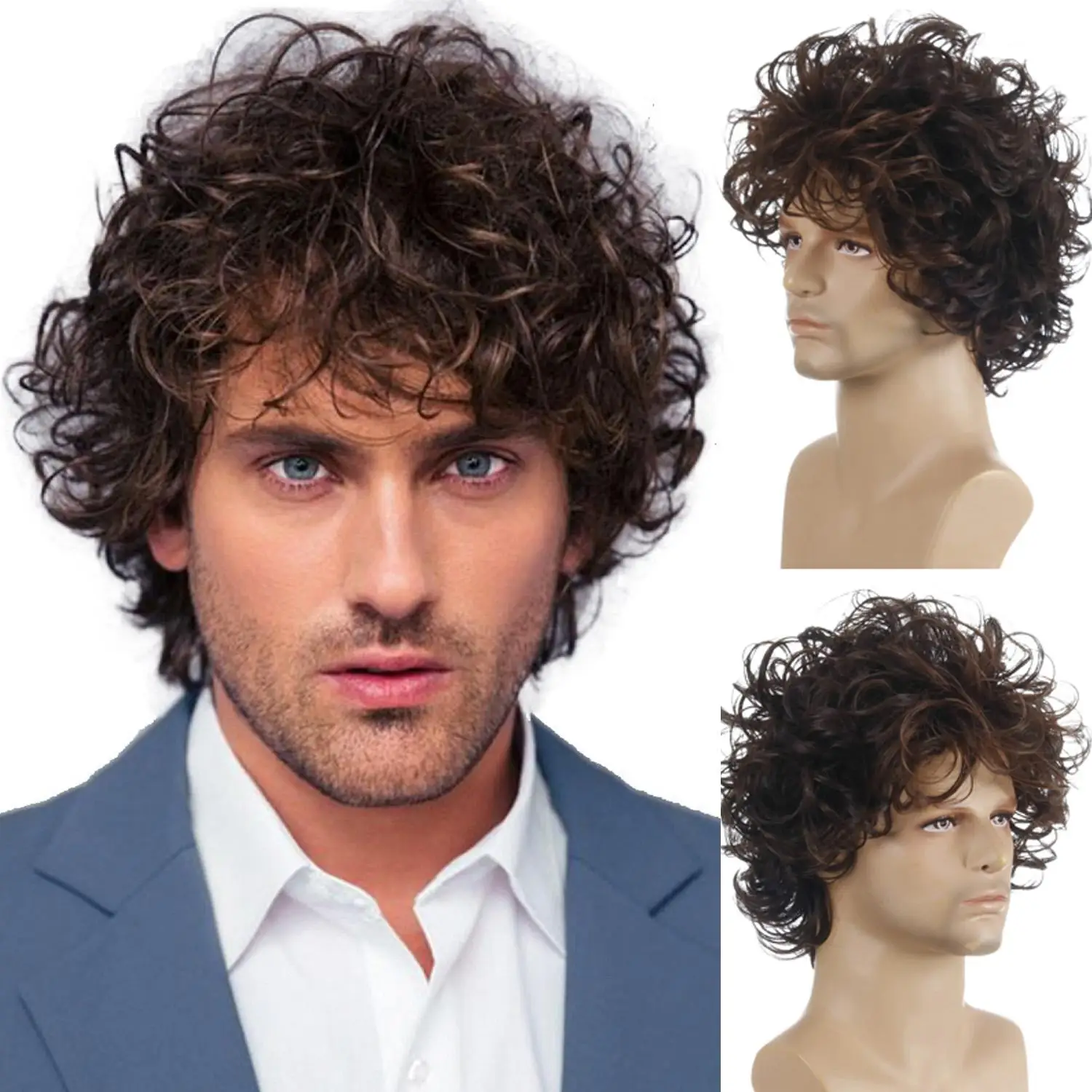 Men's natural wool roll wig head cover, synthetic wig, additional volume, hair style change, suitable for various occasions