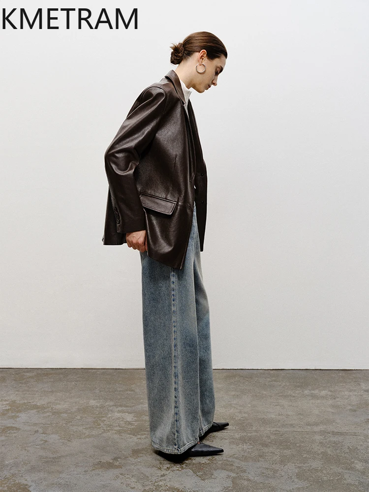 سترة نسائية من جلد الغنم المدبوغة بالخضراوات لعام 100% سترات بدلة من الجلد الطبيعي عالية الجودة لخريف 2025 ملابس نسائية جديدة في معطف