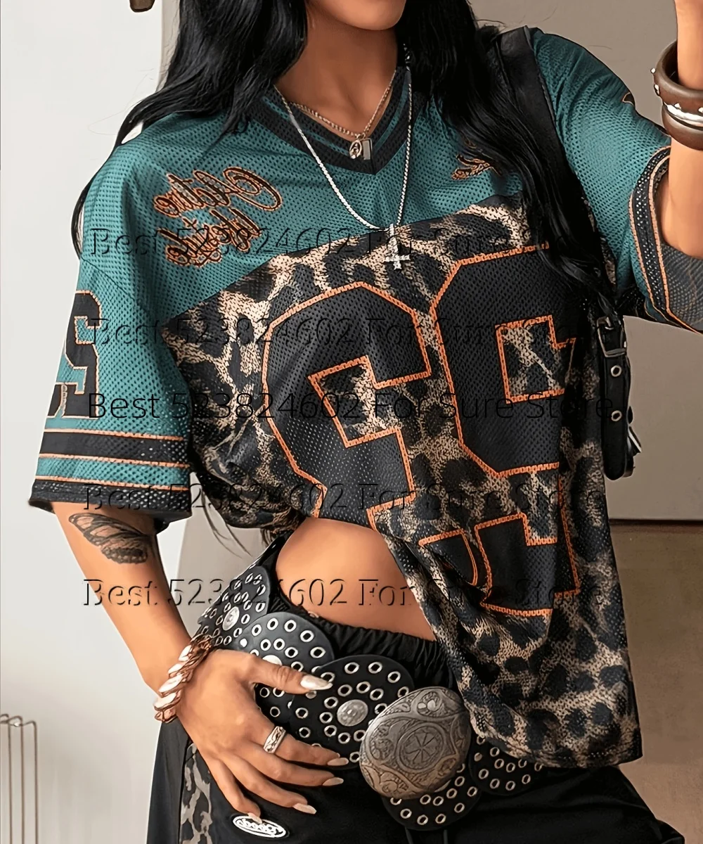 Vintage Y2K Women Mesh Football Jersey Green Leopard Spliced Number 23 Print V Neck Short Sleeve Loose Streetwear Casual Tee