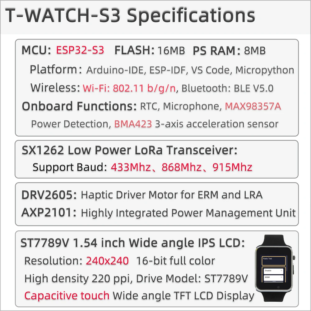 T-Watch S3 ESP32-S3 470mAh wearable Watch LoRa 433Mhz 868Mhz 915Mhz DIY Programmable Development module for arduin