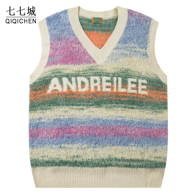 Harajuku Plush Sweater Vest Men Women Gradient Striped Loose Sleeveless V-neck Pullover Autumn Winter Korean Casual Sweaters New