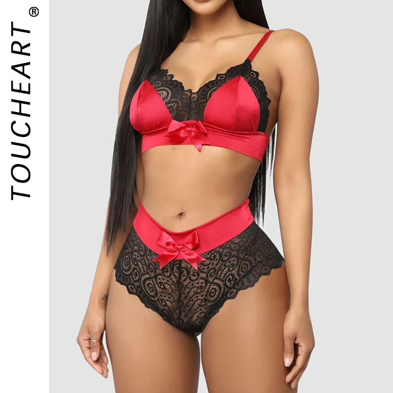 Toucheart-Ensemble de lingerie sexy pour femme, soutien-gorge à bretelles à trois points, patchwork de dentelle, nœud en maille, ensemble de sous-vêtements transparents, nouveau, 2 pièces