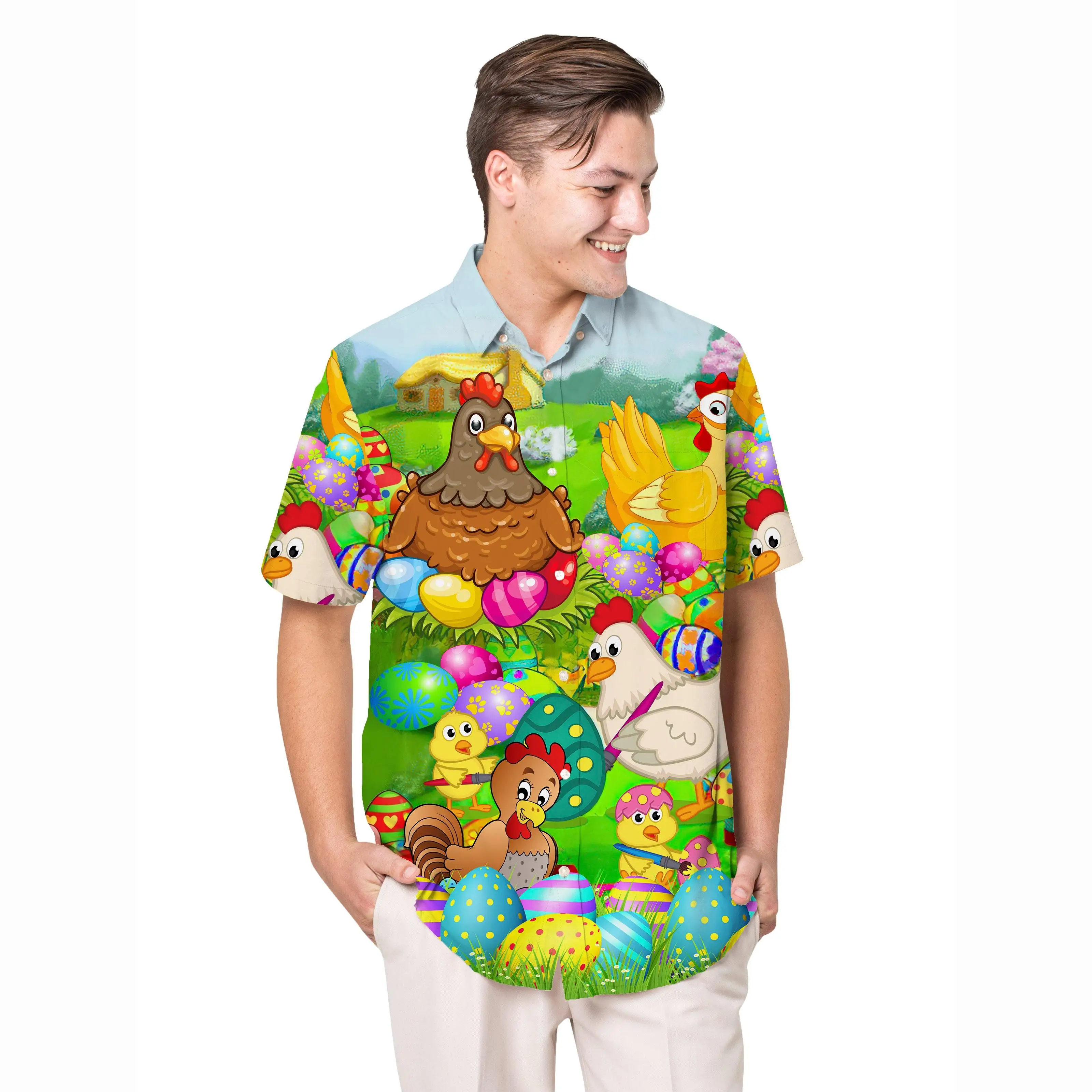 

Jumeast Cartoon Chicken Pattern Short Sleeve Hawaiian Shirt Comic Rooster Graphic Polyester Aloha Shirts Tropical Casual Clothes