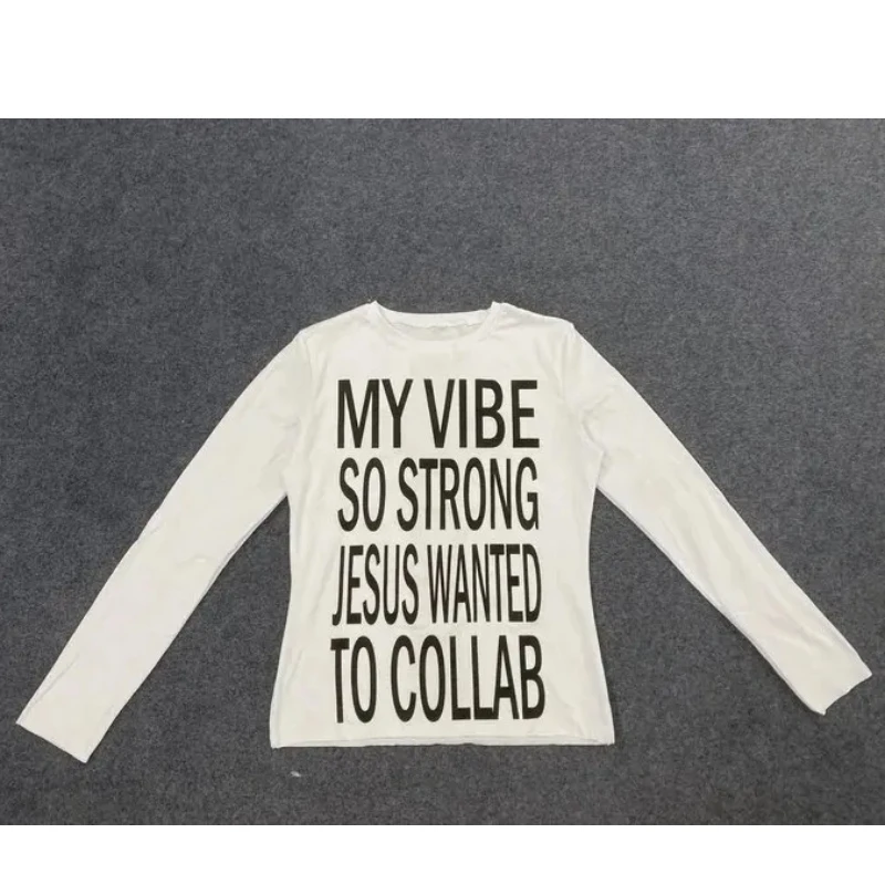 

Американская ретро Harajuku Эстетика Уличная одежда Универсальная футболка Модная пикантная девушка с длинными рукавами и круглым вырезом Тонкий топ с буквенным принтом