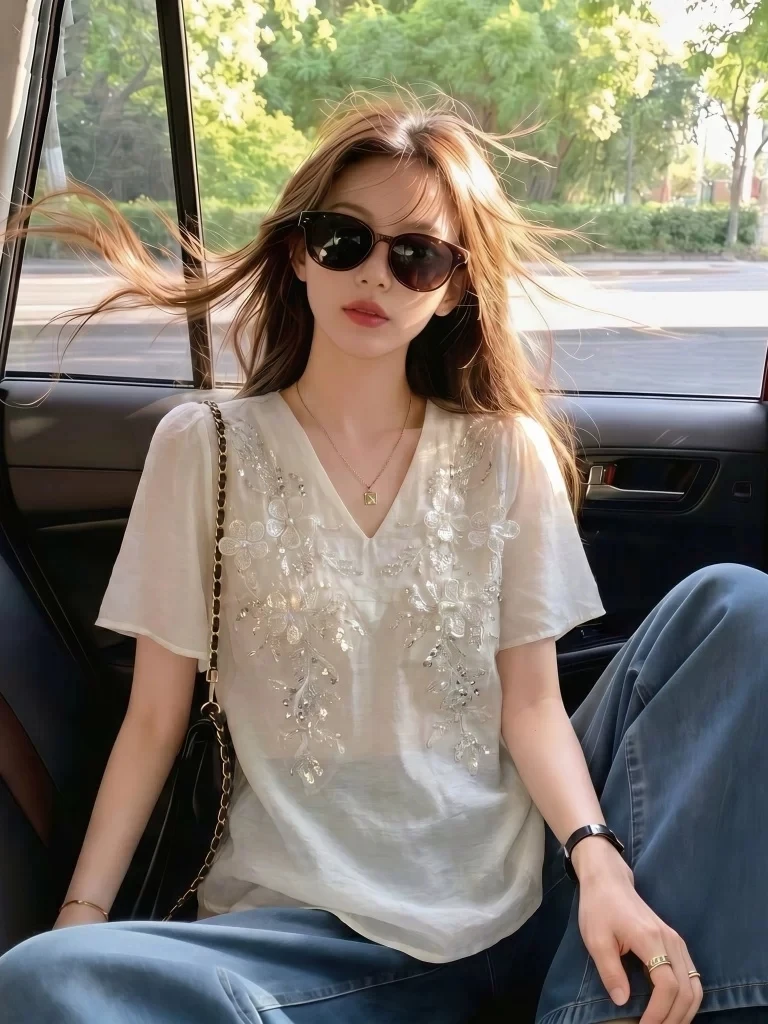 

Elegant Sequin Embroidery V-Neck Chiffon Top Women's plus Size Summer New Style Slimming Trendy Top Korean Style Loose Fit