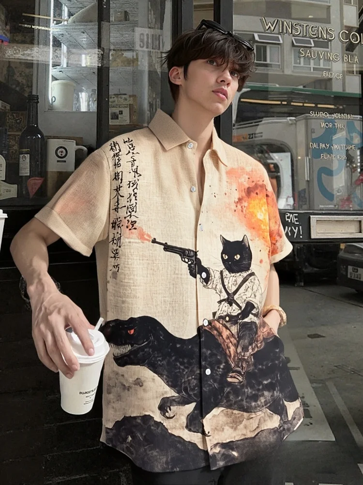 Men's Japanese Lapel Collar 2025 New Outerwear Blouse Retro Calligraphy Cat Dinosaur Volcanic Eruption Print Short Sleeve Shirt