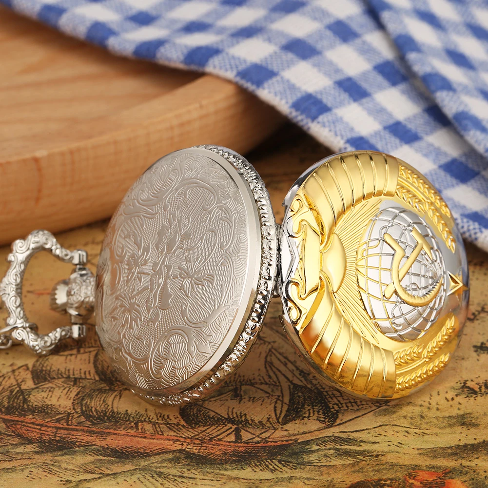 Fashion Silver & Golden Soviet Sickle Hammer Style Quartz Pocket Watch Men Women Pendant Gift Drop Shipping
