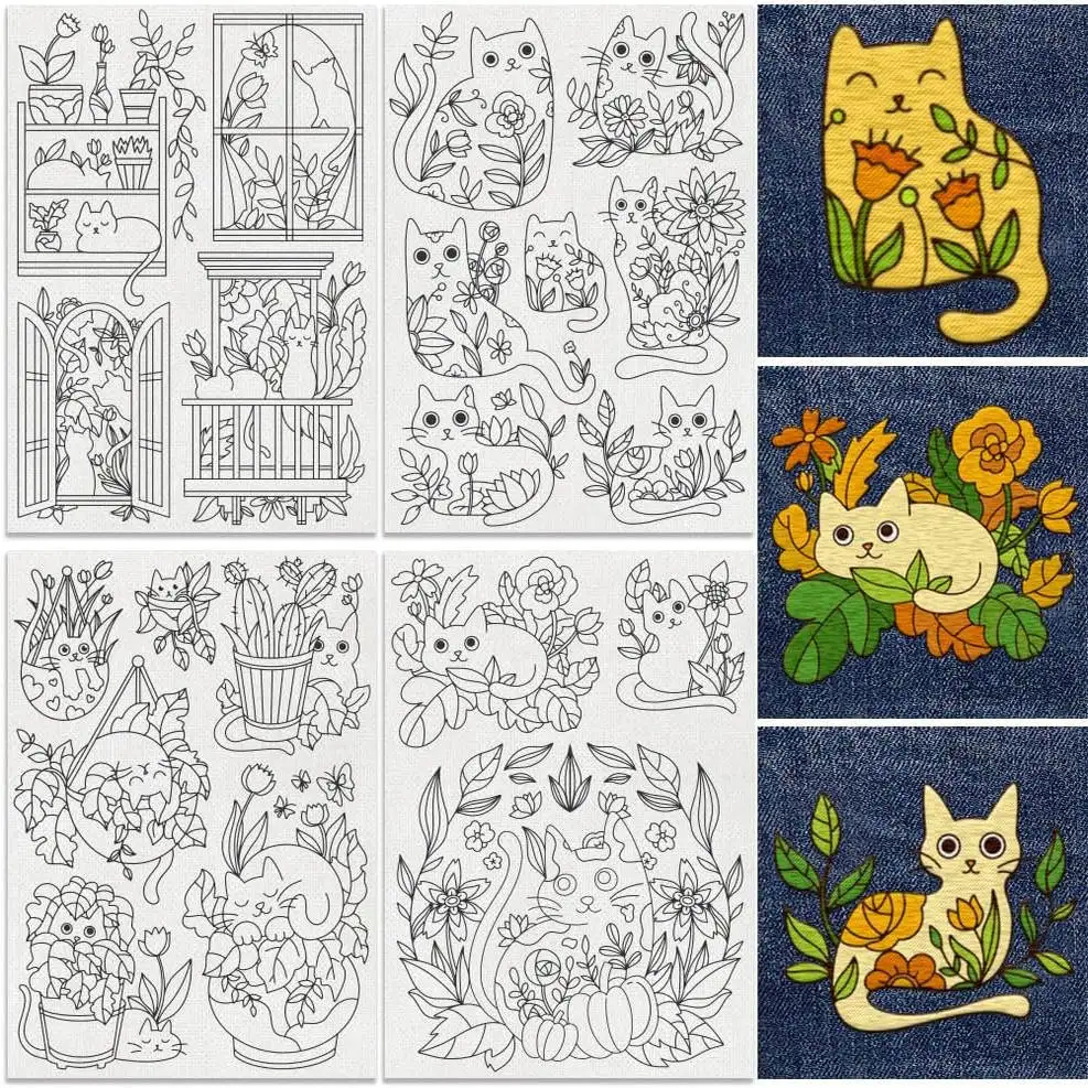 4-Blatt-Katzenstickerei-Stabilisator – entzückende Kätzchen-Designs auf wasserlöslichem, selbstklebendem Papier für Heimwerkerarbeiten