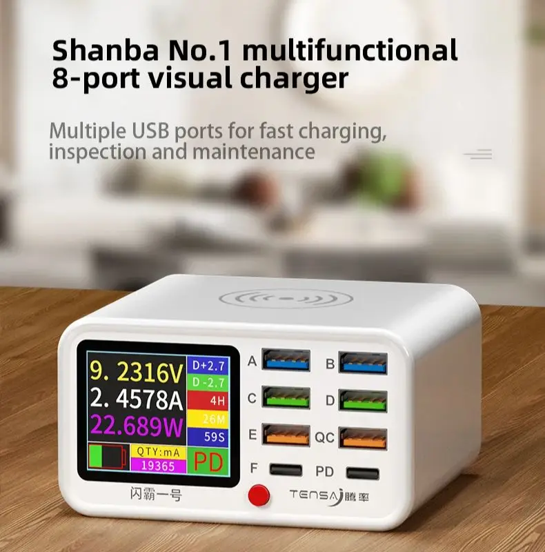 8 Ports Multi Function Charger Station with LED Screen USB QC3.0 USB-C PD 20W and 15W Phone Wireless Fast Charging With Phone