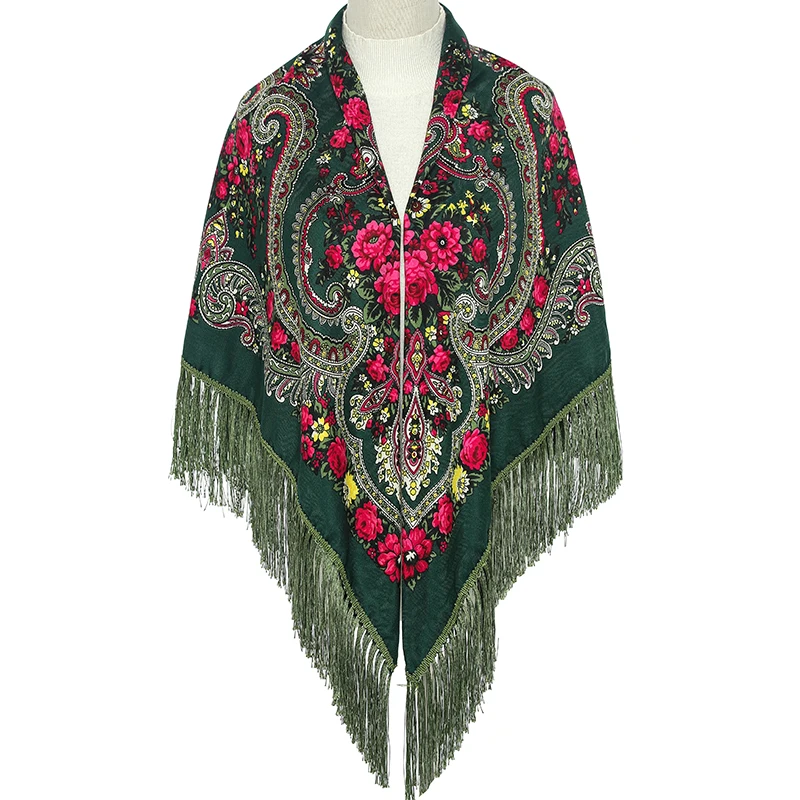 51*51in Women Scarf Square Shawl Retro Fringed Cotton Print Scarves Hijab Wraps Russian Ukrainian embroidery Cape Bandana