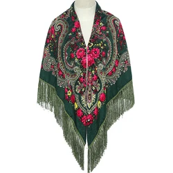 51*51in Women Scarf Square Shawl Retro Fringed Cotton Print Scarves Hijab Wraps Russian Ukrainian embroidery Cape Bandana