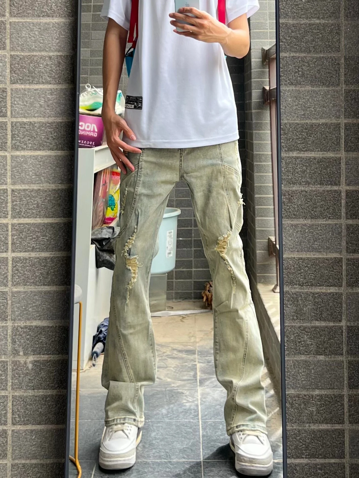 

Мужские винтажные джинсы-клеш с эффектом потертости, цвета желтой глины, с дырками, в стиле High Street, прямые повседневные брюки