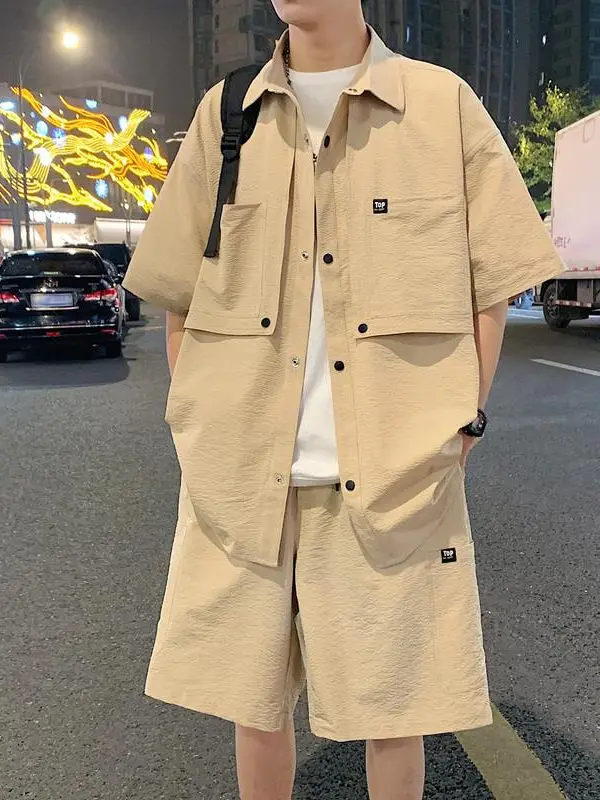 

Ice Silk ort Sve irt And orts Set for Men Summer New Casual Thin Sle Two Piece Suit Boy's Loose Fit Polyester Fiber