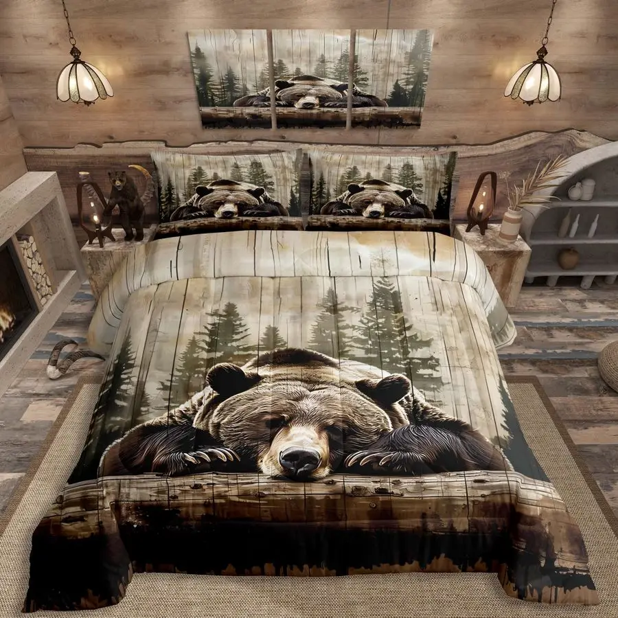 

Grizzly Bear Comforter Set King Size, Wild Animal Hunting Quilt Set with 2 Pillowcases, Western Cabin Bedding Set 3pcs for Kids