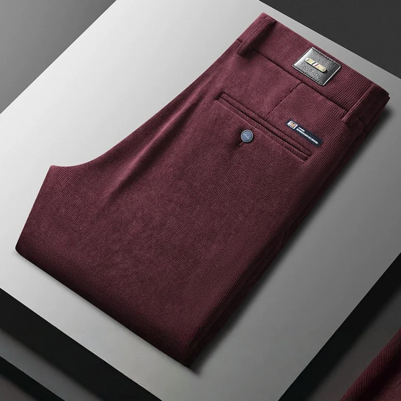

Эластичные прямые тонкие вельветовые мужские брюки со средней посадкой, осень-весна, черные, красные, хаки, повседневные брюки, деловой костюм, брюки