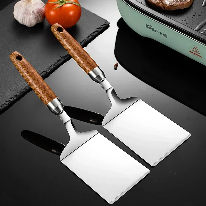 Stainless Steel Square Head Steak Cooking Spatula Pizza Shovel Pancake Beef Turner Scraper Wood Handle BBQ Utensils for Kitchen