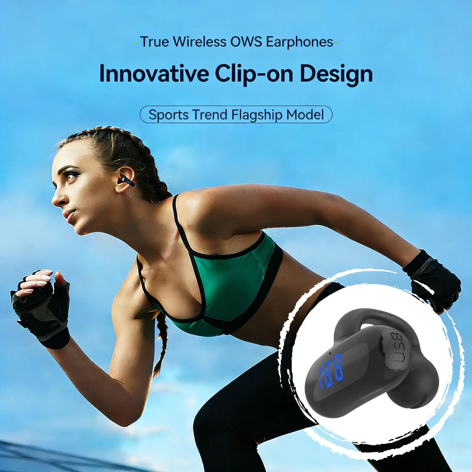 

F20 Bone Conduction Bluetooth Sports Earphone Ear-clip IPX6 Waterproof HiFi Deep Bass Digital Display Secure Fit Running Earset