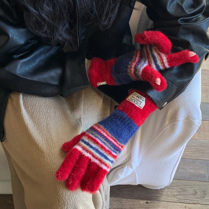 Korean Design Stripe Velvet Gloves For Women Fashion Girl Soft Warm Mittens Knitted Trendy Hand Warmer Skiing Riding Windproof