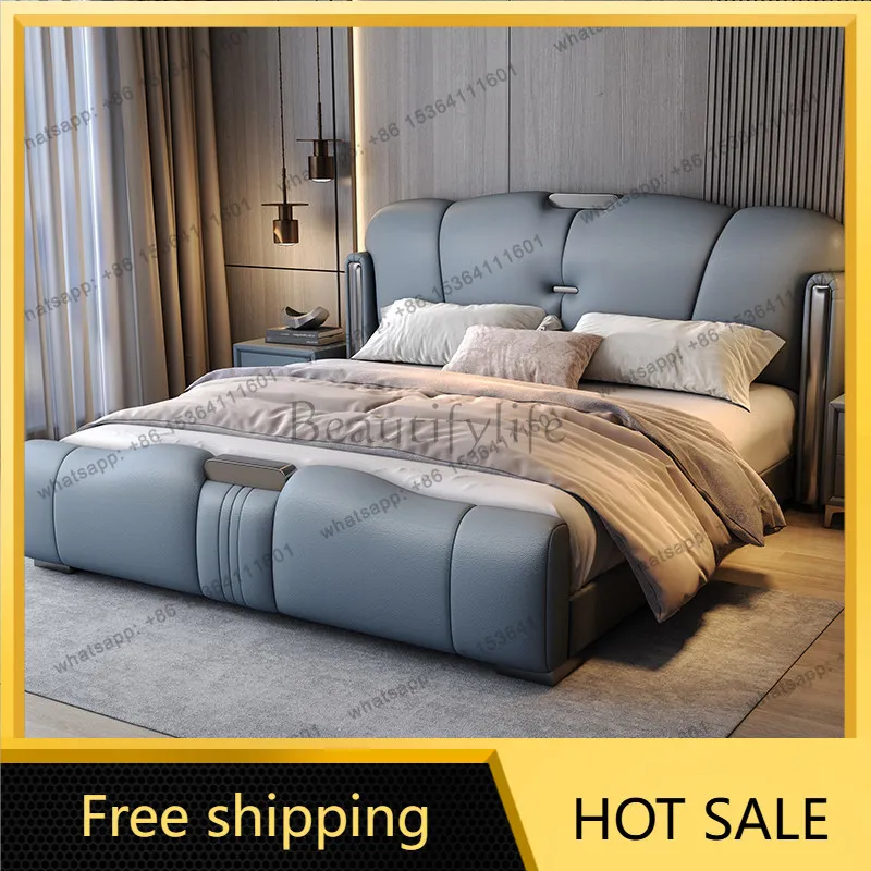 FG Modern minimalist top layer leather bed Italian style light luxury bedroom storage French cream double soft bag wedding bed