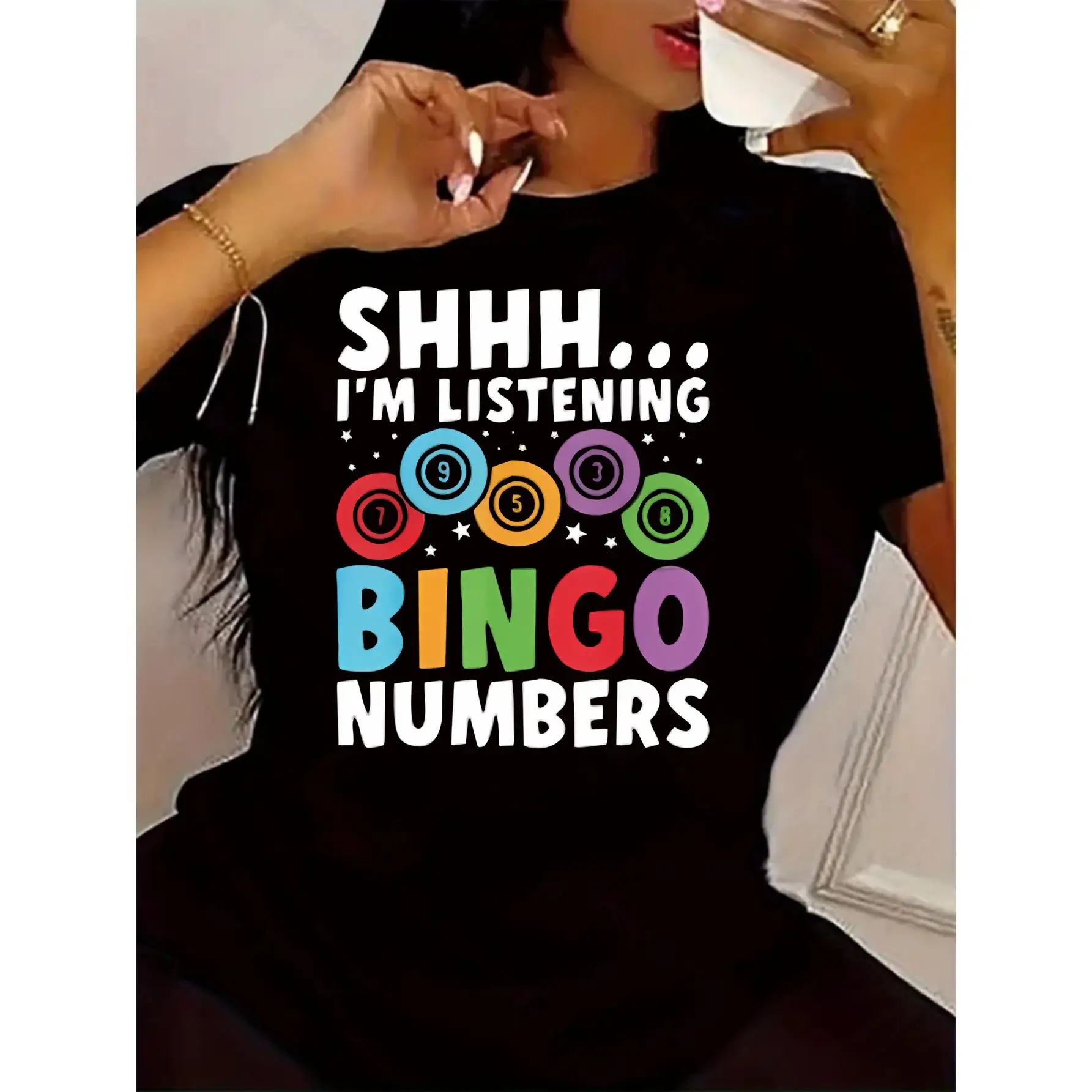 

Ladies' Pure Cotton T - Shirt Fun Shhh... I'm Listening Bingo Numbers Print. Ideal For Summer Casual Wear. Perfect For Outdoor