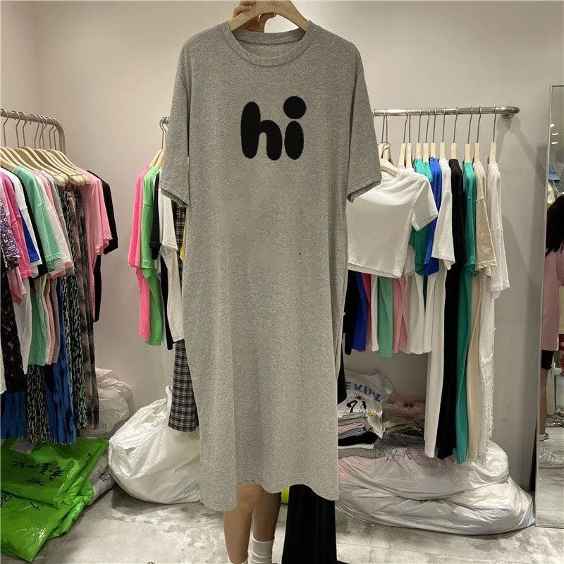 Oversized Summer Long Dresses For Women Casual Letter Printed Short Sleeve Korean Fashion Streetwear Split Maxi Dress платье