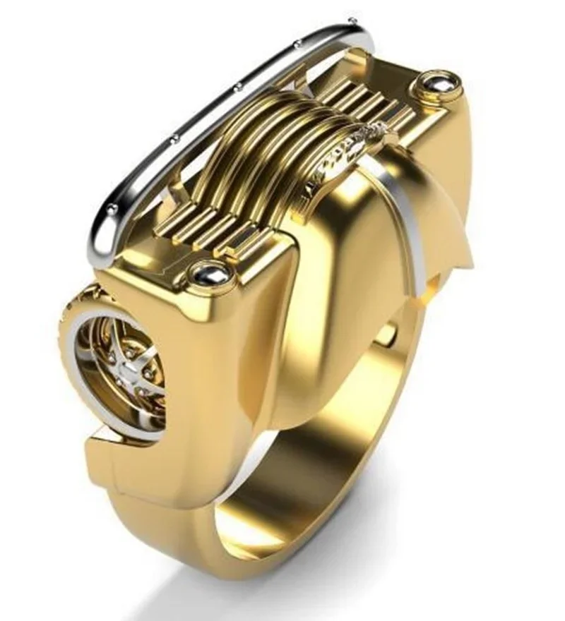 2025 Korean Fashion Gothic Double Color Car Styling Mechanical Ring for Men Gold Jewelry Accessory