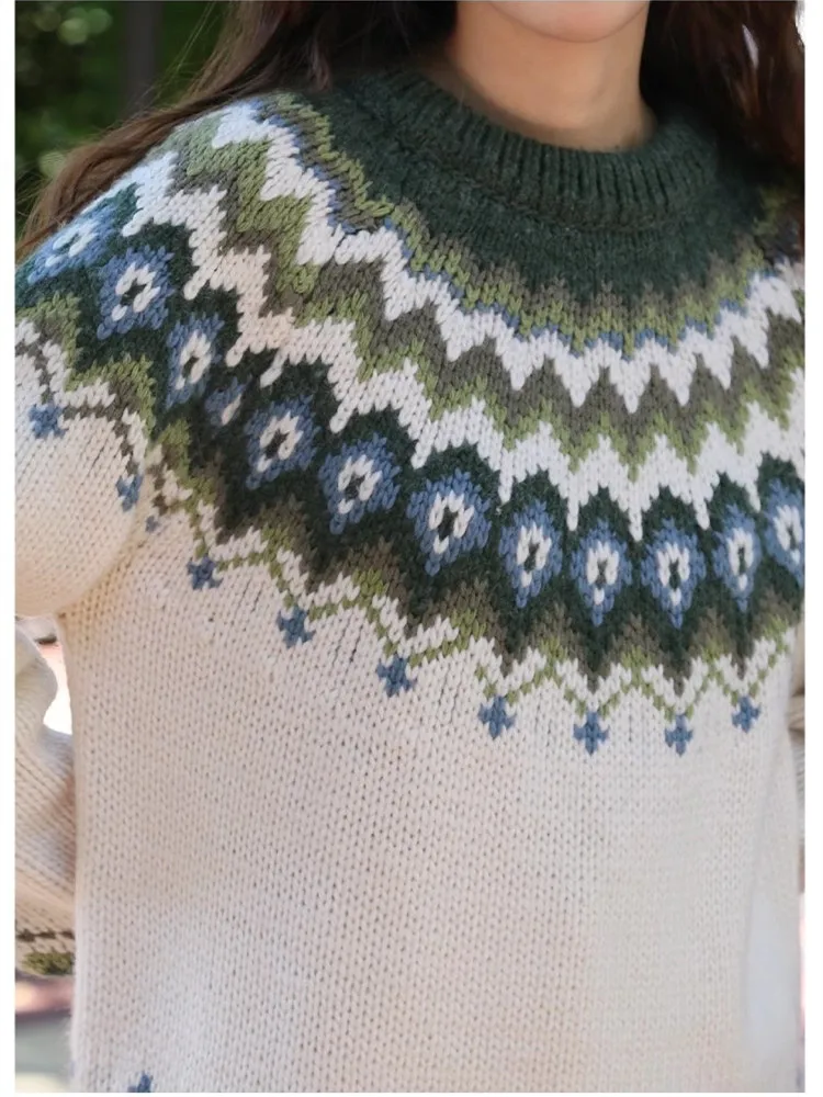 104-106cm Biust Jesień Zima Fair Isle Pullovers Sweter z dzianiny Kobiety Vintage Nordic Luźny Gruby Ciepły 70% Wełna Sweter Sweter