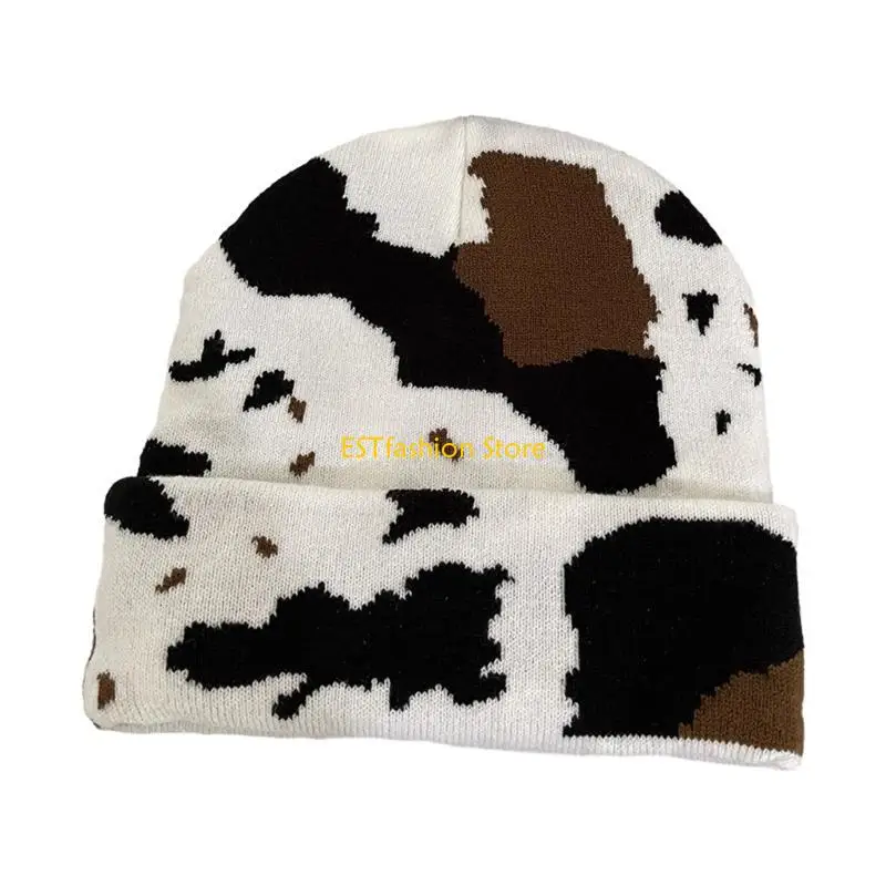 Y5GC Gothic Knitted Beanie Hat Halloween Cheetah Unisex Hat Cow Pattern Costume
