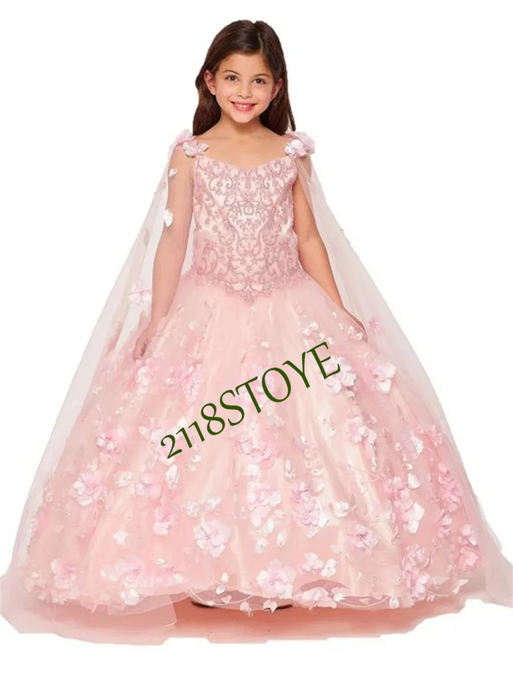 Pink Princess Ball Gown Girl Dress First Communion Prom Costumes Dresses Flower Pleat Lace Tulle Floral Appliques