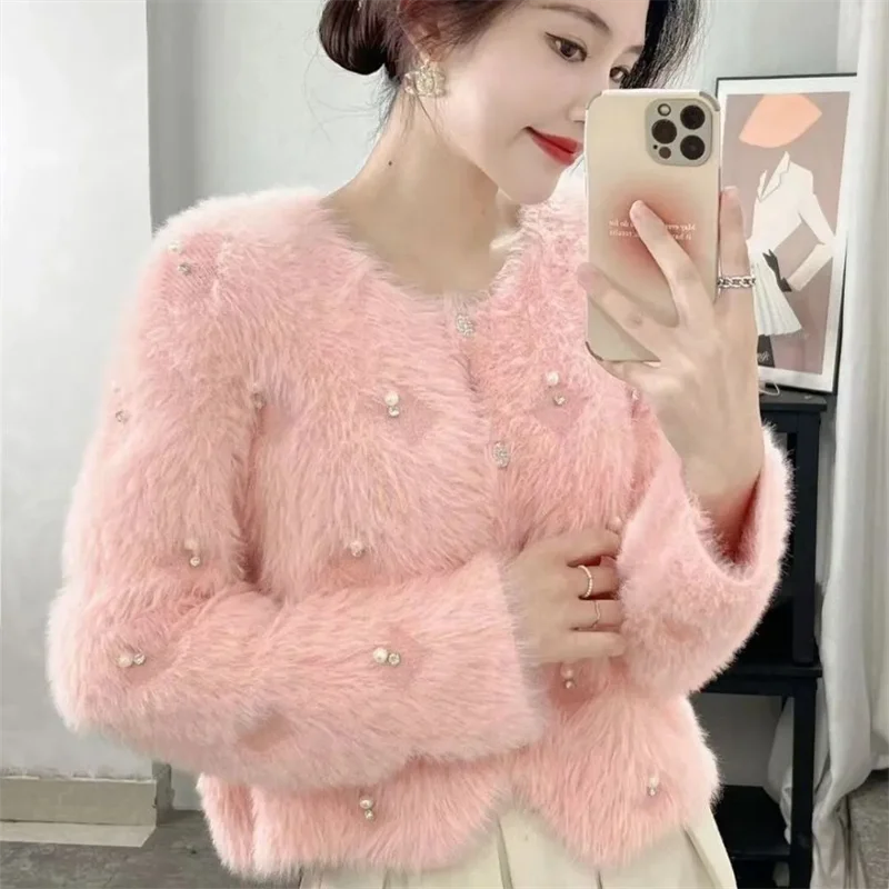 Imitate Mink Velvet Knitted Cardigan Sweater Coat Women Thickened Short 2025 Spring And Autumn New Advanced Look Good Jacket