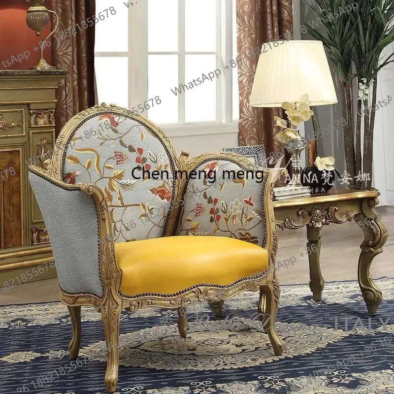Discount French retro pink green solid wood carving flower sofa imported fabric leisure chair villa living room single sofa