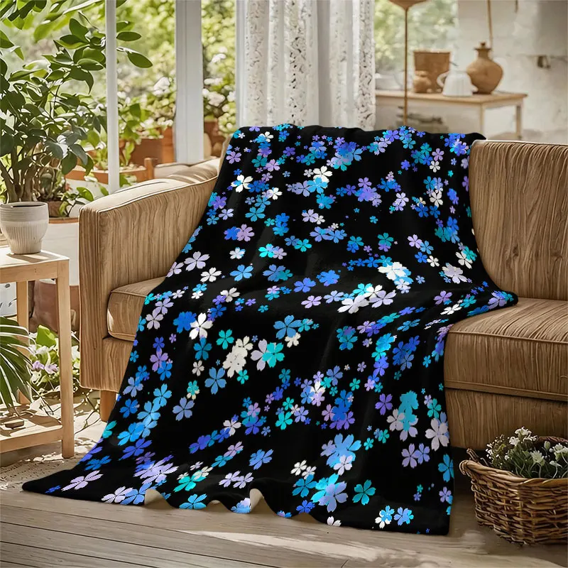 Blue Cherry Blossom Scatter Flannel Blanket Warm Soft Halloween Christmas Decorative Couch Warm Cozy All-Season Gift