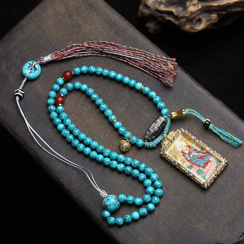 Tibetan cultural relic, Tibetan King Bodhisattva, Tangka Buddha pendant, collarbone chain, nine eyed sky bead,turquoise necklace