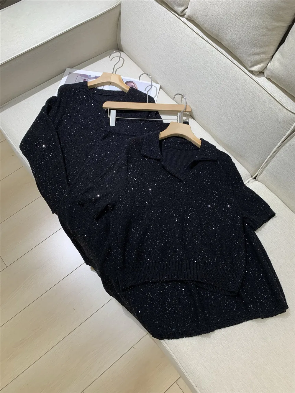 

Women's Skirt Set Sparkling Sequin Long Sleeve Pullover Sweater + Short sleeve T-shirt+ High Waist Skirt 3-Piece Set