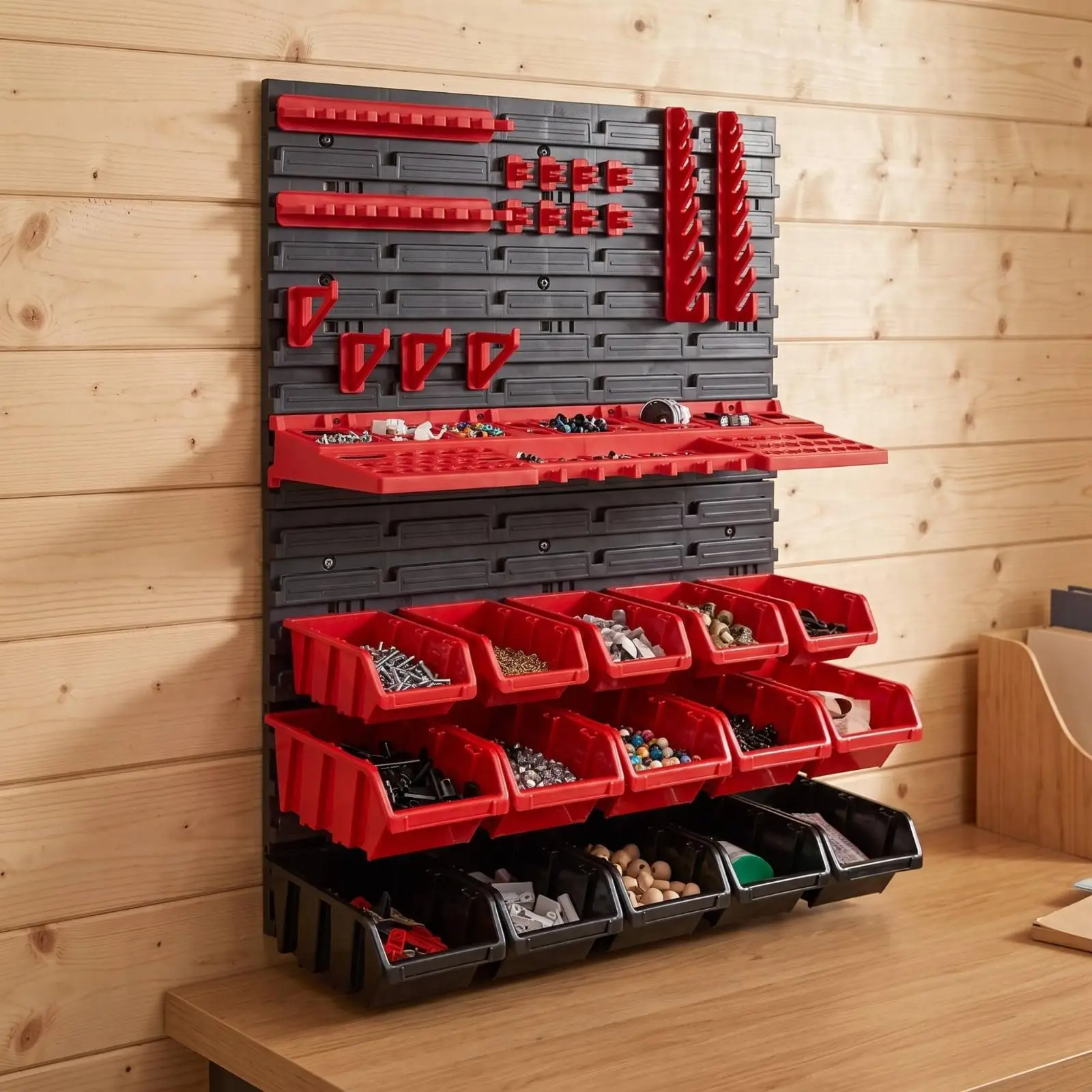 Industrial Panel Pegboard with Hooks Small Holders and Shelf for Workshop Wall Mounted Tool Rack Storage System