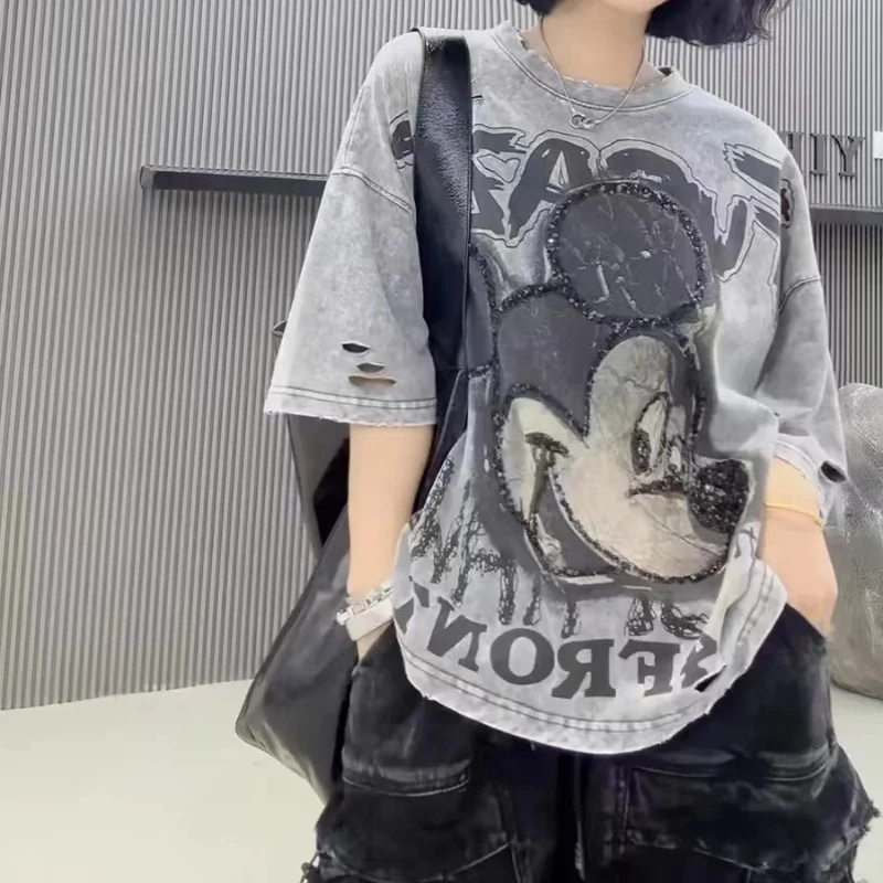 

Новая летняя свободная футболка с короткими рукавами и пайетками в стиле ретро для девочек, с изображением Микки Диснея, милый мультяшный дизайн, кавайный стиль, большие размеры, подарок