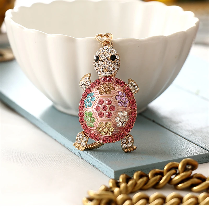 Fashion Colorful Rhinestone Crystal Turtle Keychain Cute Gold Color Animal Pendant Bag Car Key Chains Metal Keyring Accessories