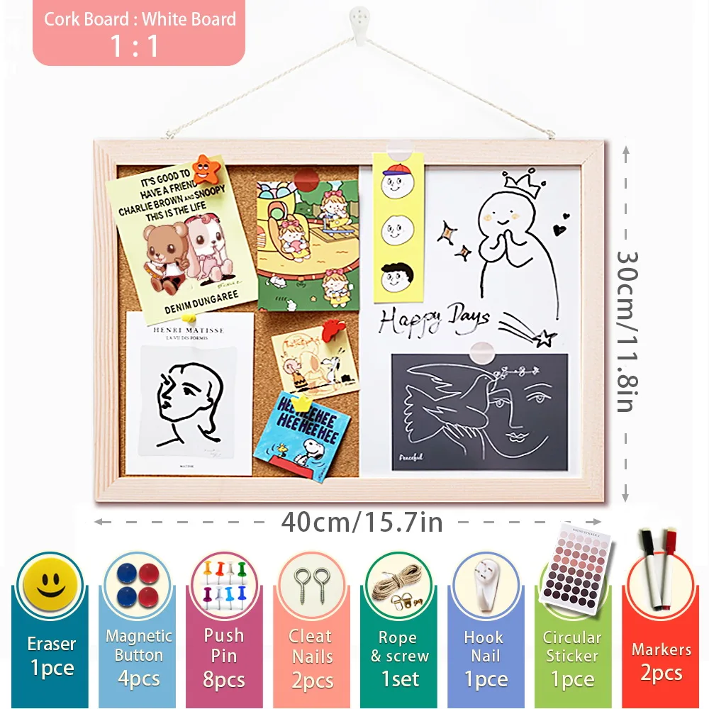 30*40cm Whiteboard Cork Board Combination Dry Wipe Bullentin Drawing Board Pine Wood Frame New Magnetic Whiteboards