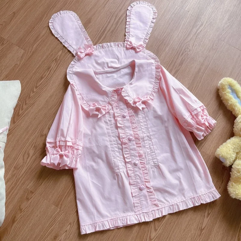 

Japanese Lolita Bunny Ear Tops Women Sweet Soft Girl Short Sleeve Blouse Pink Ruffle Bow Shirt Kawaii Doll Collar Summer Outfit