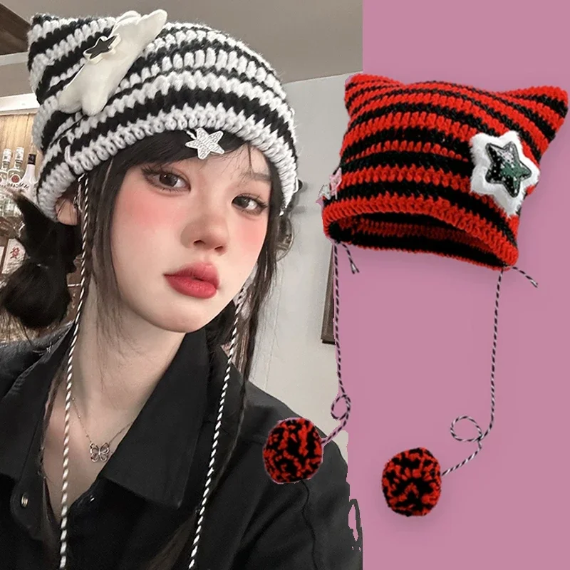 Y2K Beanie Hat Ins Devil Ear Striped Knitted Wool Cap Autumn Winter Hip-hop Crochet Cute Cat Ears Pointed Pullover Women\'s Hats