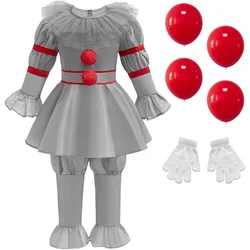 Kids Scary Joker Pennywise Cosplay Costume Horror Ghost Movie It Puff Sleeve Tulle Collar Top With Pants For Halloween Carnival