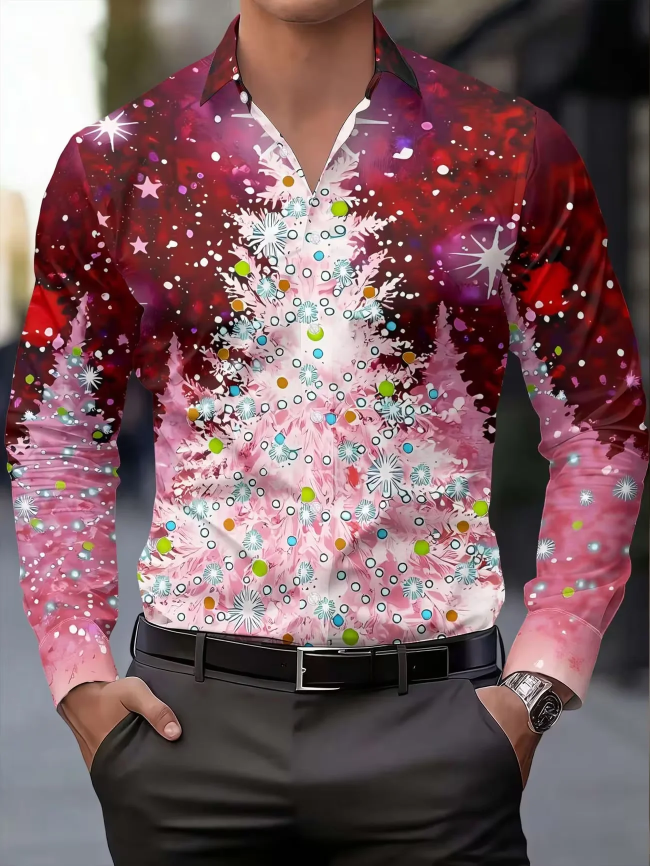 New Rose Red Ethnic Style Geometric Totem Printed Men's Long Sleeve Shirt Retro Western Style Casual Flower Shirt