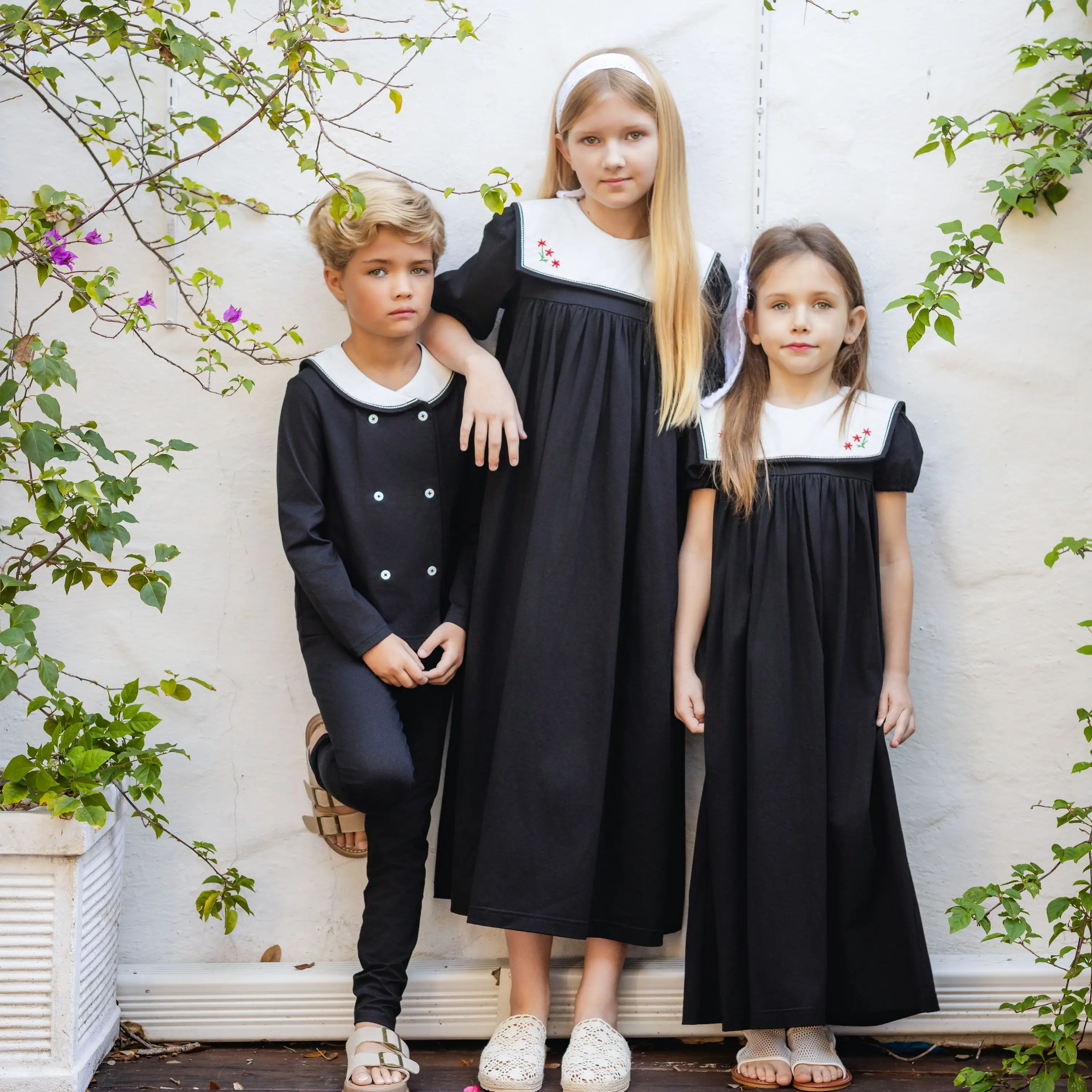 Ali Plus 2026 SS Sailor Maxi Kids Cotton Outfits Embroidery Removable White Collar Girls Boys Matching Clothes