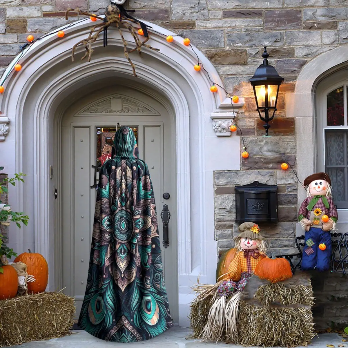 Płaszcz z długą kapturem z piór pawich, kostium czarownicy, średniowieczny strój, peleryna cosplay, Halloween, wampir, dla dorosłych, unisex