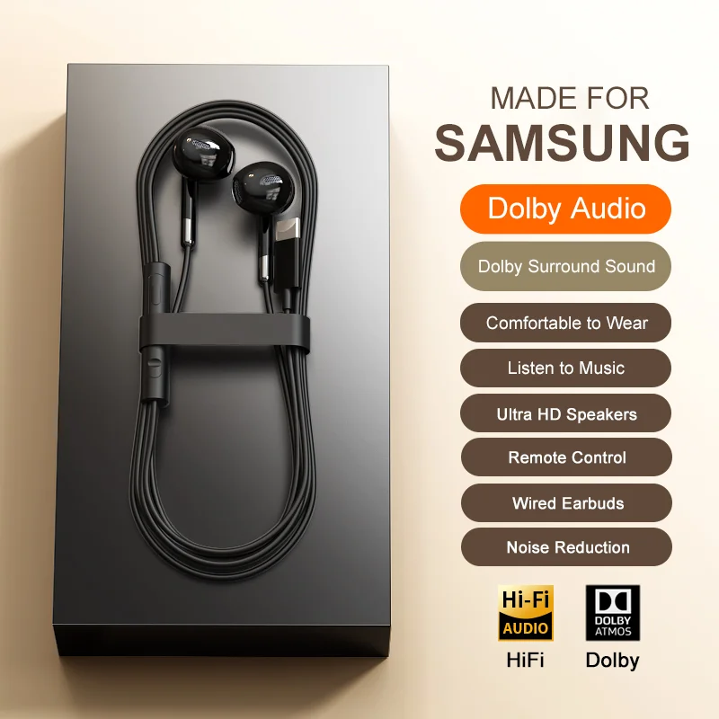 For Samsung Wired Headphones Dolby Audio With Wire Control USB Type C 3.5mm Music Wired Earbuds For Galaxy S25 24 Ultra A54 A53