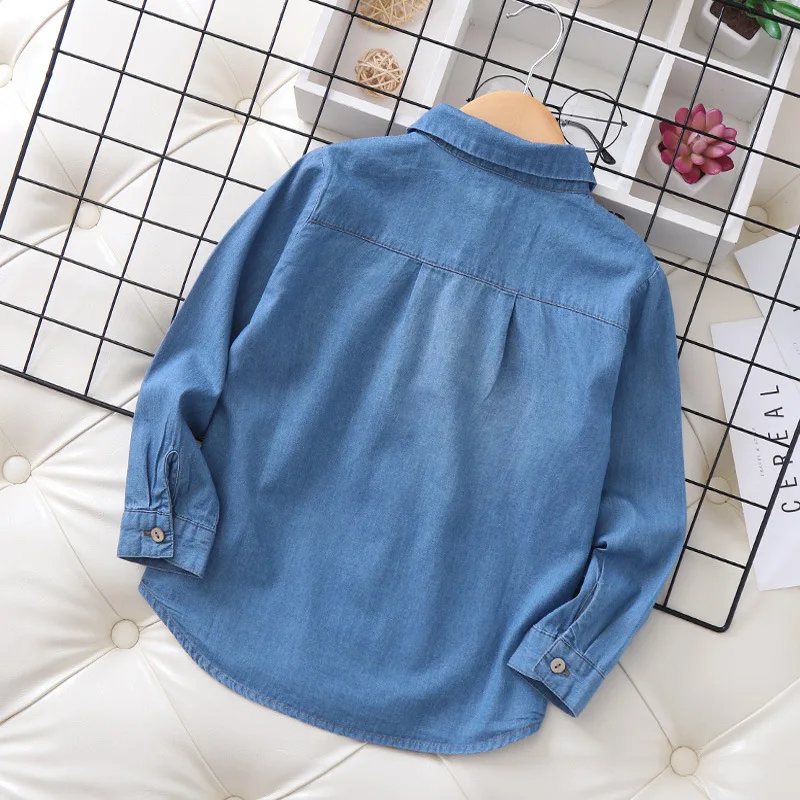 Fashion Baby Girl Boy Cartoon Embroidery Jean Shirt Cotton Child Denim Blouses Solid Color Spring Autumn Baby Clothes 2-14Y