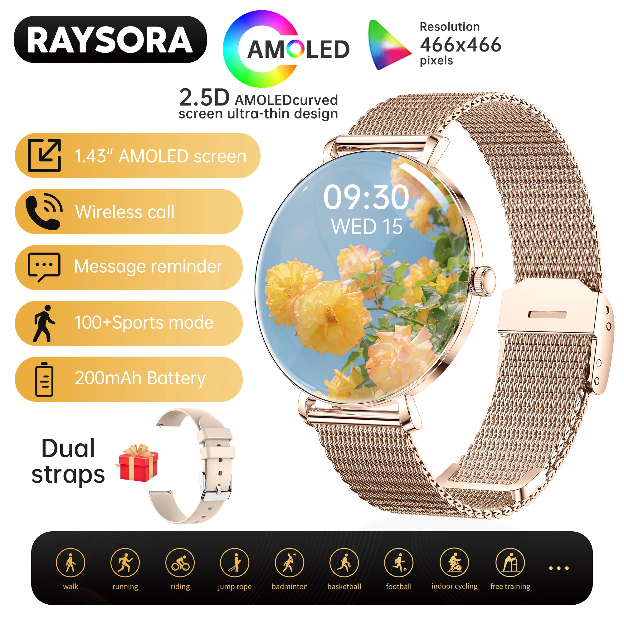 

Женские умные часы RAYSORA, 1,43 дюйма, 200 мАч, 100 спортивных режимов, ультратонкий AMOLED-экран, стальной и силиконовый ремешок